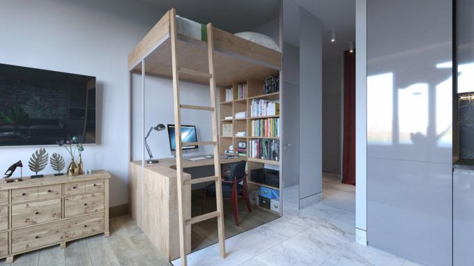 Studio på 28 m² i en ny bygning med et kontor og et soveværelse loft