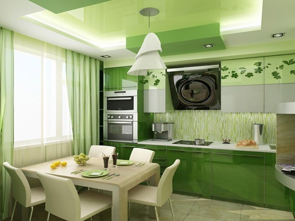 Køkken i grønne toner - interiørets integritet fuldender valget af retter og gardiner