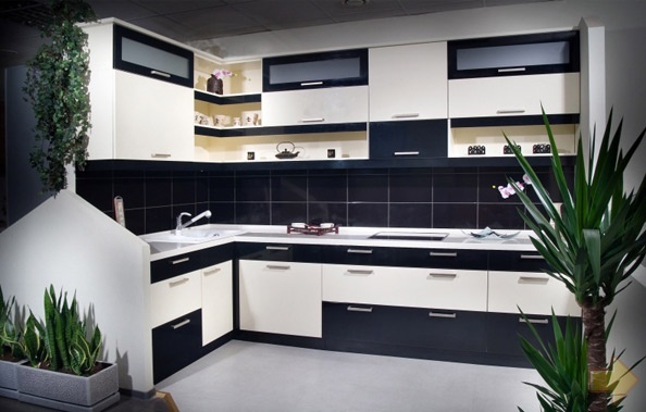 Hjørne sort og hvidt køkken - friske noter i strengt interiør
