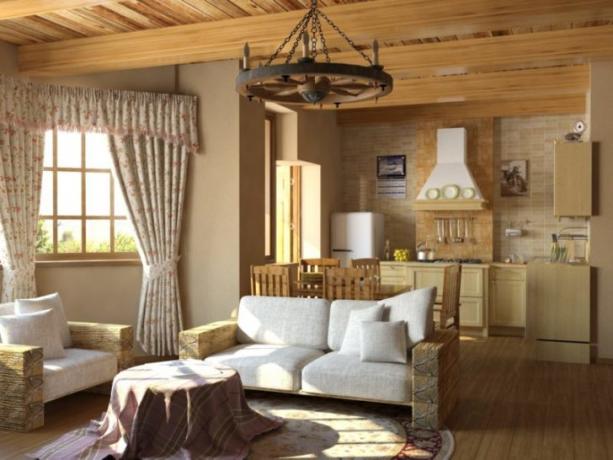 Stue i rustik stil Karakteristiske overflader til rustik er:
