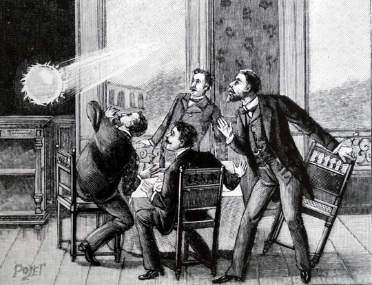 Denne illustration viser den franske ildkugle, trænger ind i lokalet gennem vinduet
