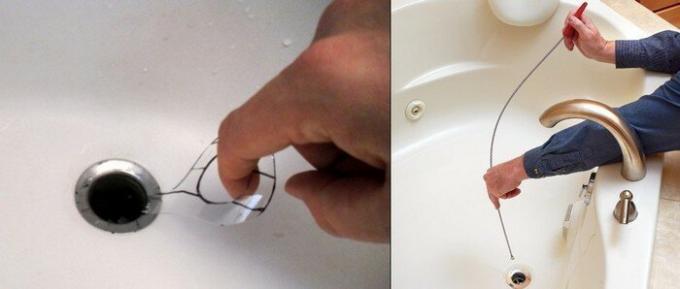 Brug en spiral samt kablet til rengøring sanitetsprodukter (billedet til højre).