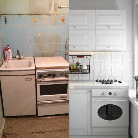 Køkken før og efter reparation