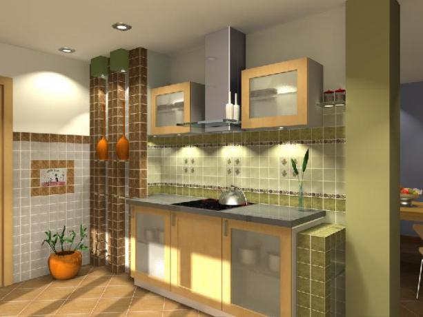 Grønbrunt køkken - et spil af farve og lys