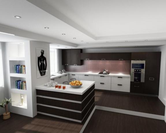Brugen af ​​moderne stilarter er udbredt i indretningen af ​​køkkenet og stuen.
