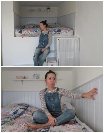På en høj podiet i den dannede niche pige gjorde hun en rigtig soveværelse. | Foto: youtube.com.