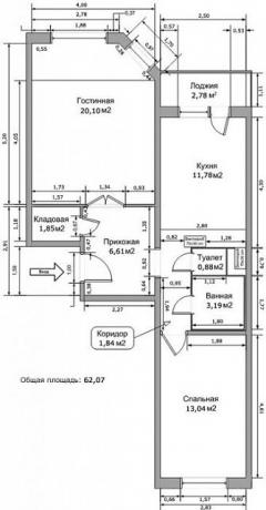 Indretning af en to-værelses lejlighed i et hus i IP-46S serien med alle dimensioner