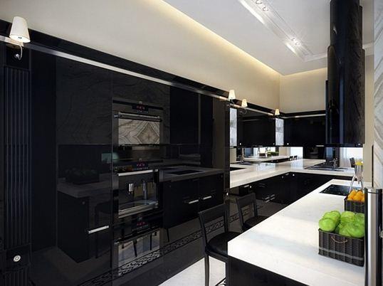 Blankt sort køkken i en klassisk kombination med en snehvid bordplade